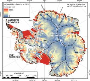 Map showing location of modern ice streams around Antarctica, made using velocity data from Rignot et al. 2011