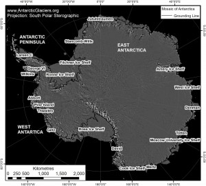 Landsat Image Mosaic of Antarctica (LIMA) showing location of key ice shelves.