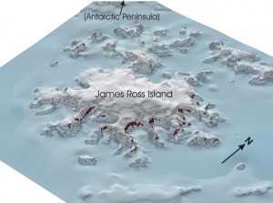 Artist’s impression of the northern part of the Antarctic Peninsula Ice Sheet at maximum Pleistocene ice thickness, reconstructed using information derived from glaciovolcanic rocks.