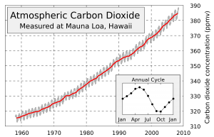 Atmospheric carbon dioxide measurements at Mauna Loa. Published by the Global Warming Art Project and sourced from Wikimedia Commons.
