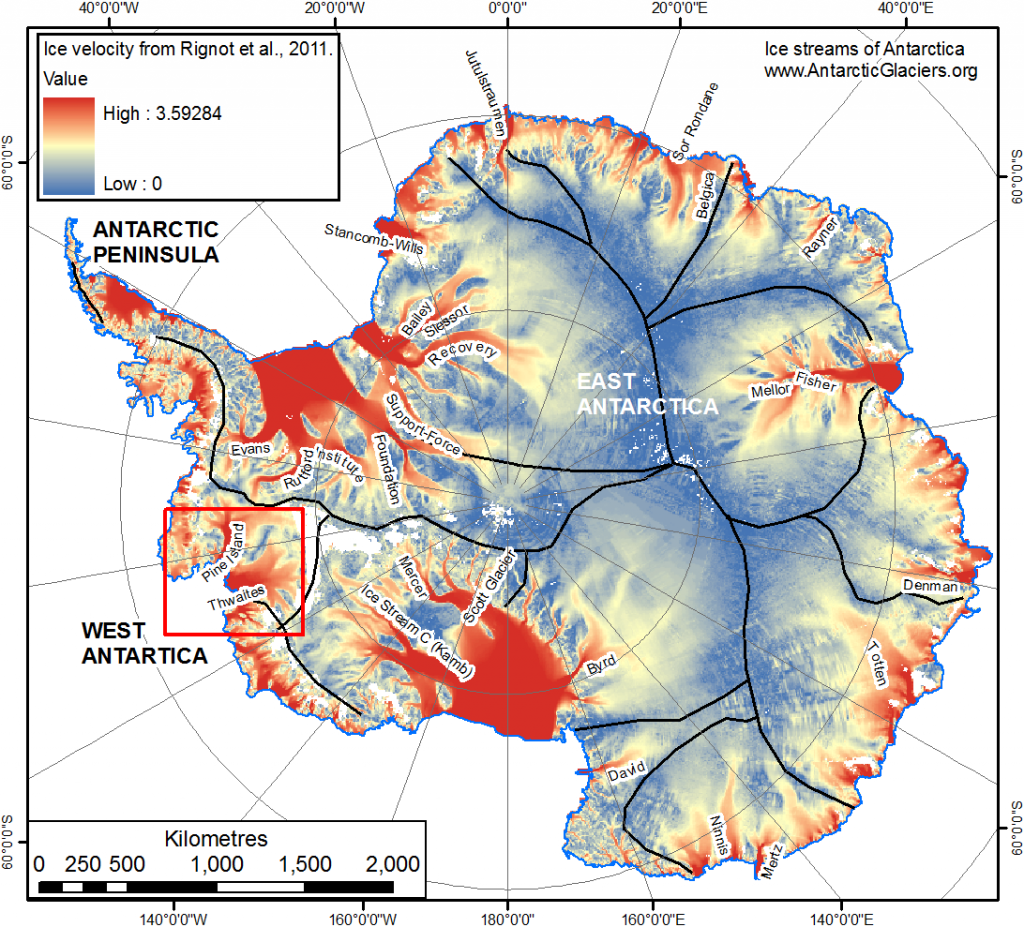 Ice streams of Antarctica with Pine Island Glacier and Thwaites glacier highlighted.