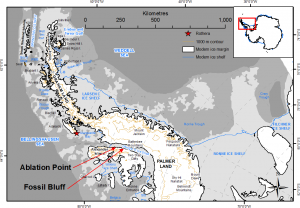 Map showing Rothera research station, Alexander Island and Palmer Land. Note George VI Ice Shelf.