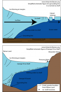 Simplified schematic figure of an ordinary ice shelf (such as the Larsen Ice Shelf) and George VI Ice Shelf, which abutts Alexander Island, forming pressure ridges and ice-shelf moraines.