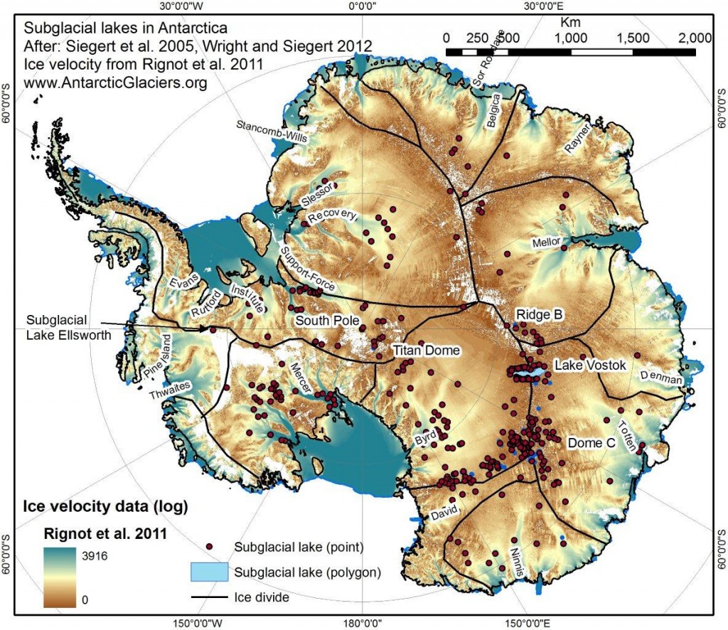 379 subglacial lakes have now been identified beneath the Antarctic continent. This map, using data from Wright and Siegert 2012 [1] shows that many are located in ice-stream onset zones as well as underneath slow-moving ice domes.