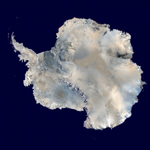  Antarctica. An orthographic projection of NASA's Blue Marble data set (1 km resolution global satellite composite). "MODIS observations of polar sea ice were combined with observations of Antarctica made by the National Oceanic and Atmospheric Administration’s AVHRR sensor—the Advanced Very High Resolution Radiometer." Image was generated using a custom C program for handling the Blue Marble files, with orthographic projection formulas. Source: Wikiemedia Commons