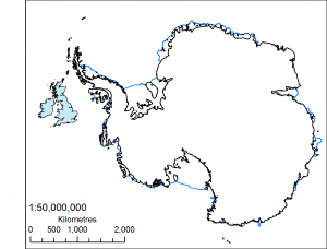 How does the size of Antarctica compare with the size of Britain? Note both countries are drawn to the same scale