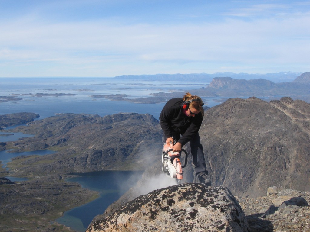Bethan Davies sampling a boulder for cosmogenic nuclide dating in Greenland. Photo credit: Dr David Roberts
