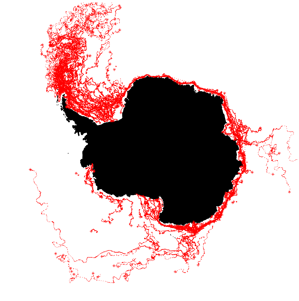 Iceberg tracks from 1999-2010, from The Antarctic Iceberg Tracking Database