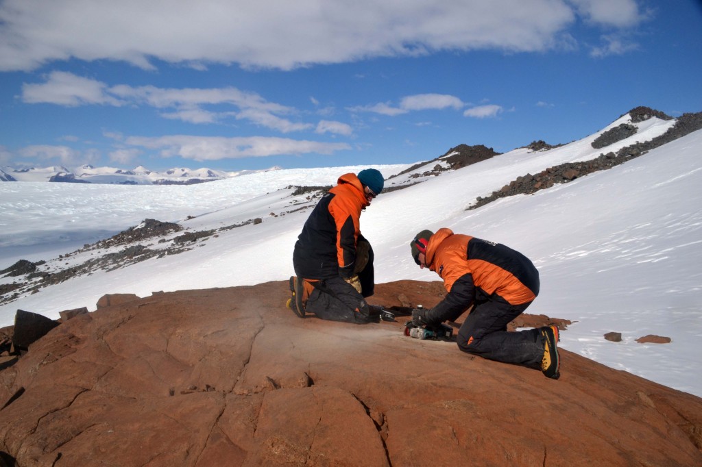 Sampling bedrock around Mackay Glacier to determine the age at which it became ice-free.