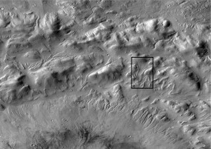 Composite CTX (~6 m/pixel) image of glacierised crater Greg (centred 38.65 oS; 112.98 oE). Located in the southern hemisphere of Mars this crater hosts many well developed GLFs on its wall. Highlighted in the right centre of this composite image is one of the most studied GLFs on Mars (see Hubbard et al., 2011 and references therein). Image is orientated north up and illumination is from the west. (Image made using the free GIS viewer, JMARS)