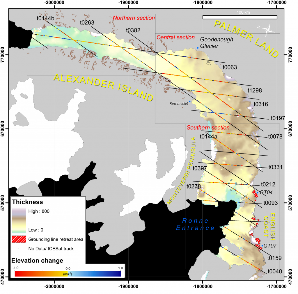 Thinning of George VI Ice Shelf. Non-significant elevation change (less than the uncertainties) was observed in the northern part of the ice shelf. Widespread and significant elevation change was recorded in the southern section, coupled with retreat of the grounding zone. From Holt et al., 2013.