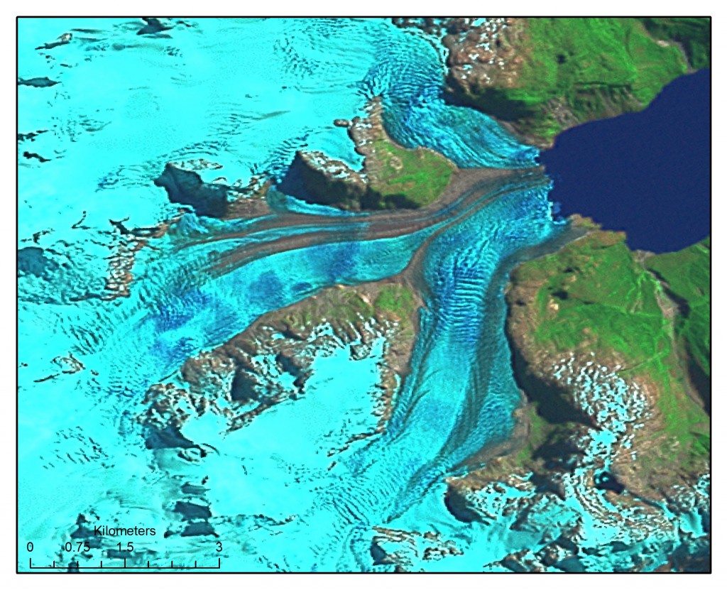 Medial moraines on the North Patagonian Icefield (Landsat image). Each medial moraine separates out an individual flow unit.