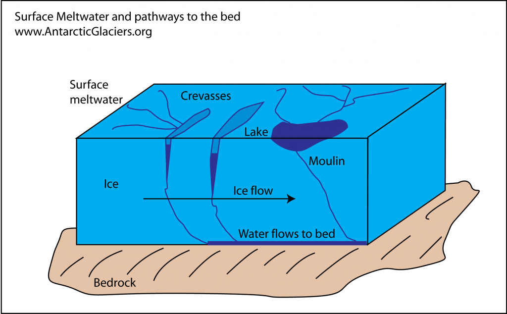 Meltwater propagates to the glacier bed through crevasses and moulins