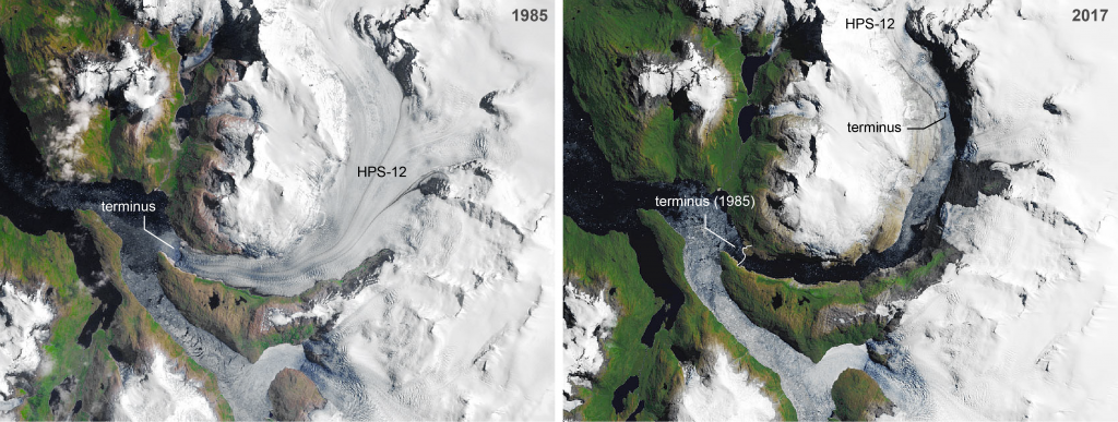 Cofanie się lodowca HPS-12 w południowej Patagonii w latach 1985–2017. Analiza oparta na danych satelitarnych NASA/USGS (Landsat) pokazuje utratę około 13 km długości lodowca i szybkie przekształcanie się jego końcówki w system jeziorny. Opracowanie: Jacob Bendle, AntarcticGlaciers.org.