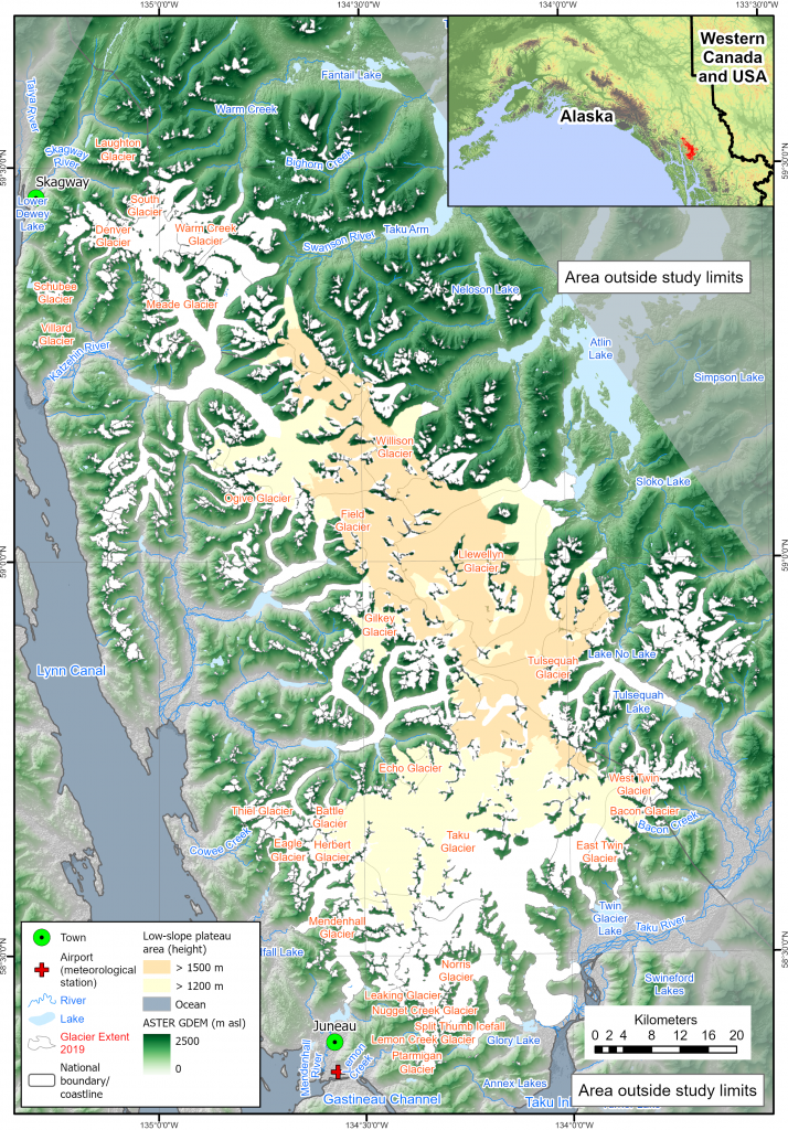 Glaciers, lakes and rivers of Juneau Icefield. Yellow area is icefield plateau.