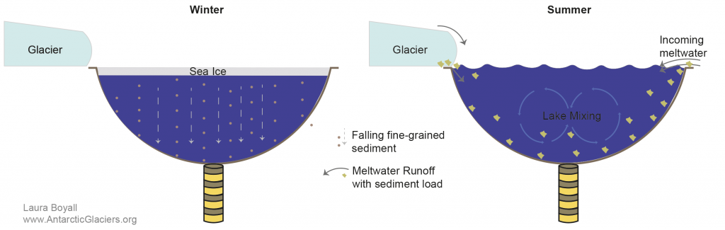 two lake models showing two deep lake basins with sediment cores beneath with varved sediments.
The first model shows what happens in winter with ice cover and small pieces of sediment falling from suspension to the lake floor. The second is in the summer with arrows coming from the catchment and glacier bringing in meltwater and sediment supply