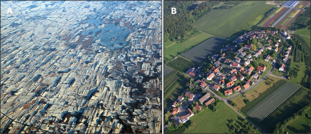 Two photographs. Left: Drumlins near Wisconsin, USA. Right: Individual drumlin in Germany, with houses on its crest.