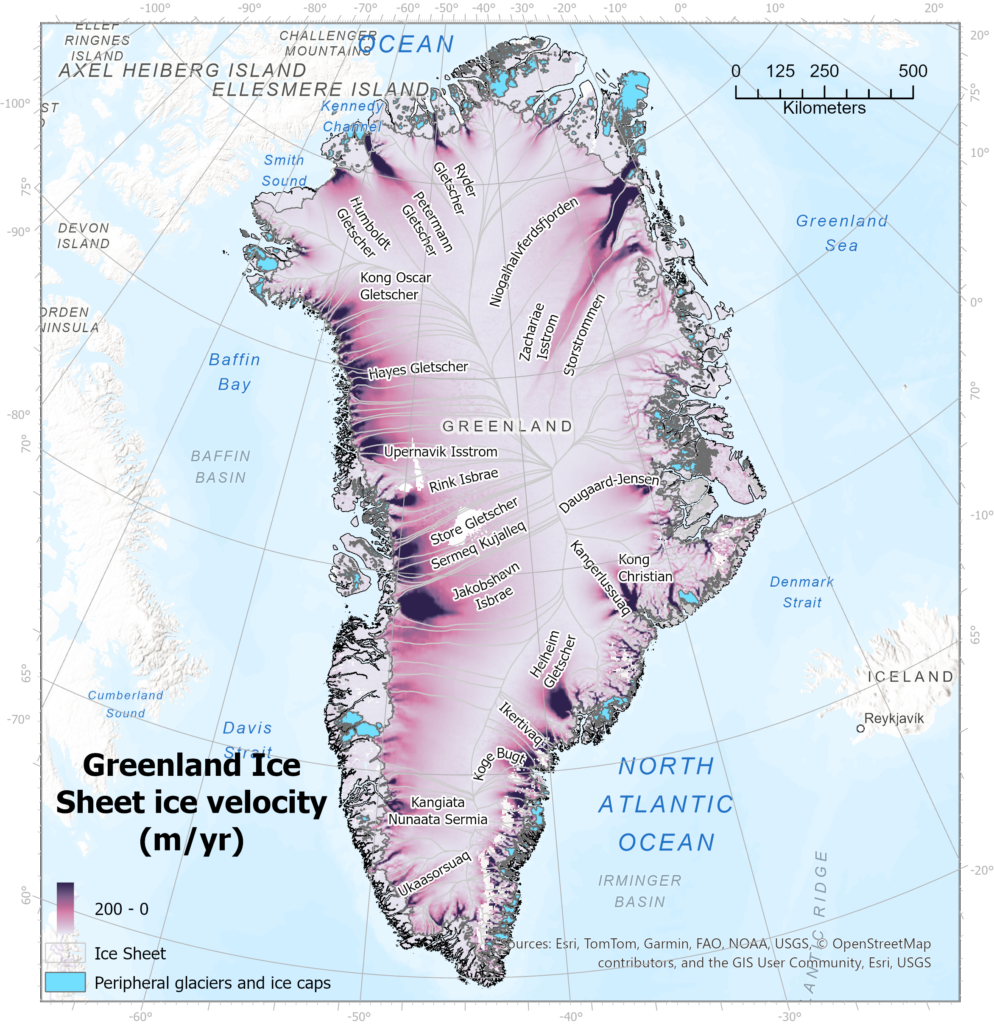 Outlet glaciers of the Greenland Ice Sheet.